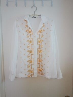 White Button-Down Shirt with Gold Floral Embroidery